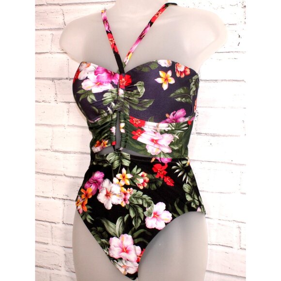 Bar III Women's Floral Keyhole One-Piece Swimsuit Navy Blue Size Large NWT - Picture 7 of 8